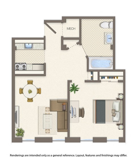 Floor plan for 1 bed, 1 bath, 521 sqft